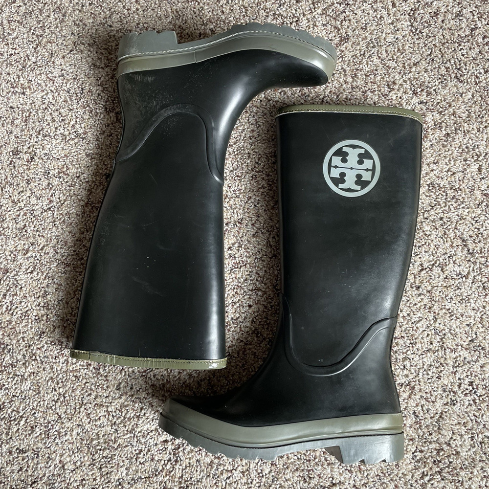 TORY BURCH Women's Rubber Work Boots Equestrian Tall Rain Sz 7 Black/Gray/Green
